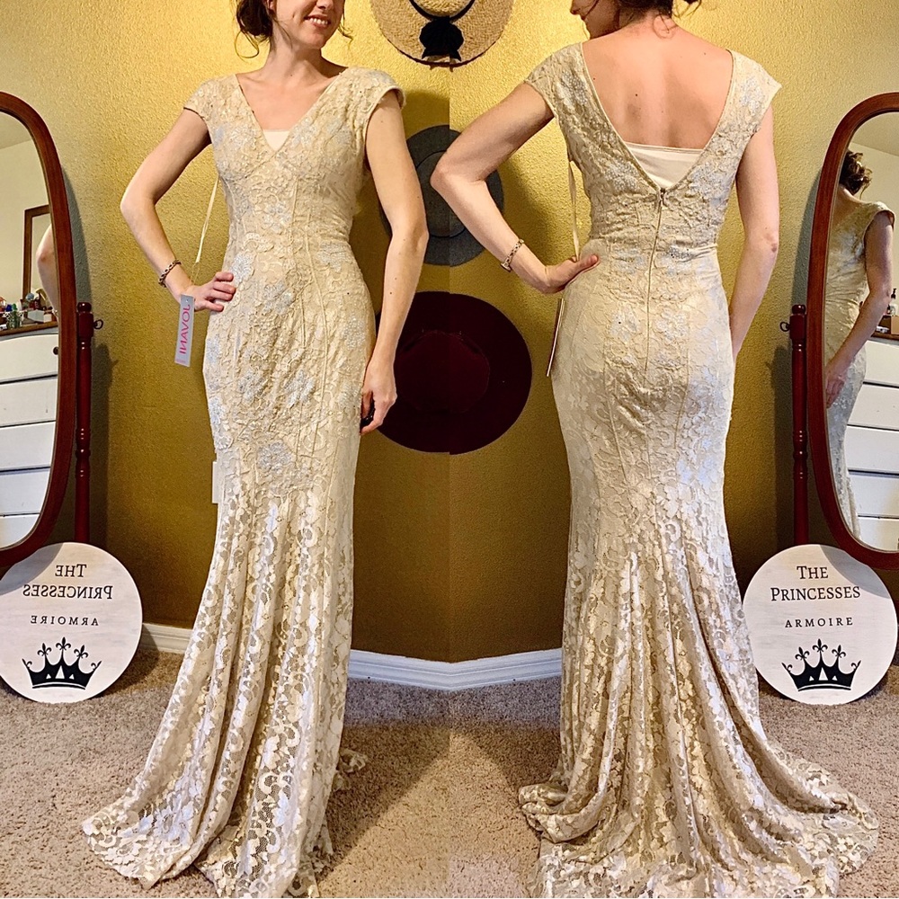 NWT Jovani Cream Nude Lace and Rhinestone Jewel Lace Gown - Picture 5 of 11